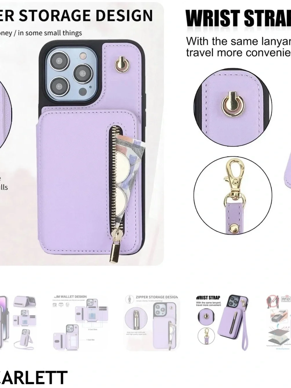 Scarlett Purple Wallet Crossbody Phone Case with Zippered Pocket & Strap